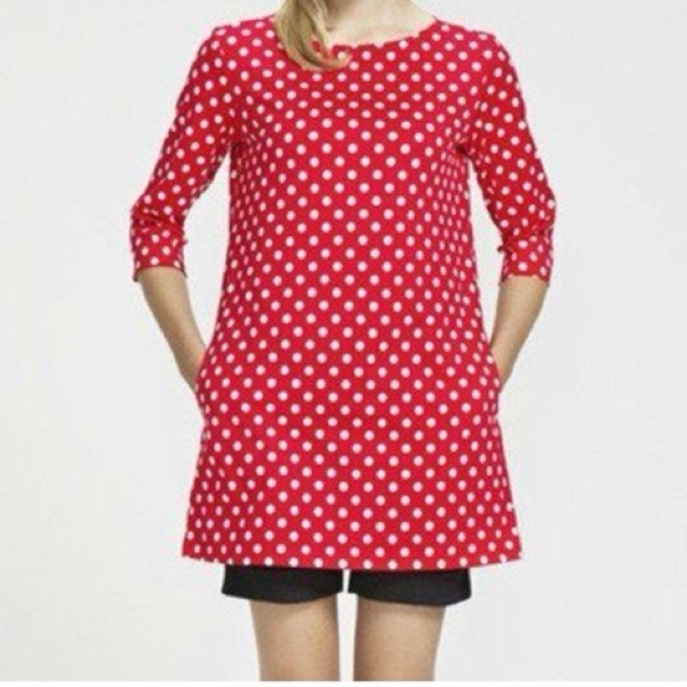 Marimekko Pallo Red White Polka Dot 3/4 Sleeves Side Pockets Tunic Dress